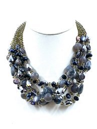 Intriguing 6 Strand Necklace W/ Genuine Stone & Iridescent Disc Pearls