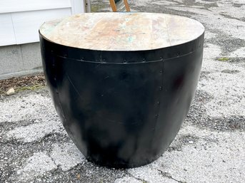 A Modern Drum Side Table Of Reclaimed Wood And Metal