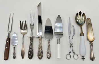 Vintage Assorted Serving & Carving Utensils, Some With Sterling Silver Handles (9 Pieces)