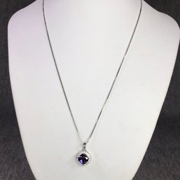 Gorgeous Brand New 925 / Sterling Silver Box Chain With Sterling Silver And Amethyst Pendant - Very Pretty 18'