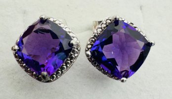 SIGNED HOU STERLING SILVER AMETHYST AND DIAMOND ACCENT STUD EARRINGS