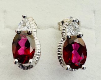 STERLING SILVER GARNET AND WHITE GEMSTONE OVAL AND TRILLION EARRINGS