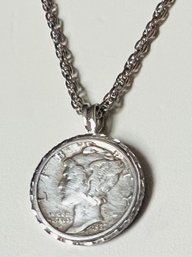 VINTAGE 1937 SILVER MERCURY DIME ON ROPE NECKLACE