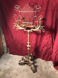 Vintage Steel Lyre Music Stand Adjustable W/ Candle Holders Wrought Iron Gold Finish
