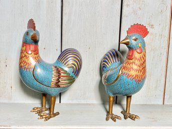 Magnificient Pair Of Qing Dynasty Bronze And Cloisonne Enamel Roosters - Appraisal Attached