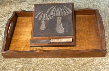 Mid Century Wood Tray With Etched Slate Mushroom Tile & Knife