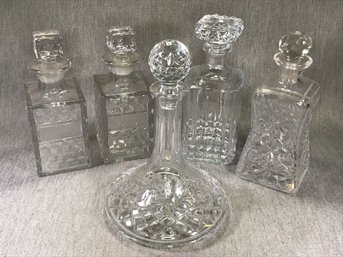 Beautiful Group Of Five (5) Crystal Decanters - Two Have Etched Label SCOTCH / RYE Also Ships Decanter - Nice