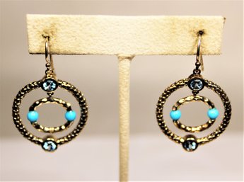 Fine Pair Sterling Silver Pierced Earrings Turquoise Topaz Stones