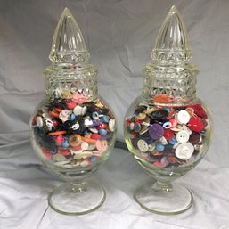 Two Wonderful Genuine Antique Apothecary Jars Filled With Vintage Buttons - GREAT FIND ! - 100s Of Buttons !