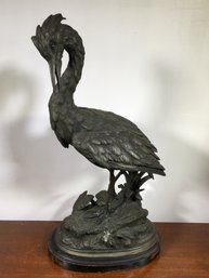 Large Antique Piece - Very Nice Antique Statue - White Metal With Patina Bird / Crane By P. CONILERO - Nice !