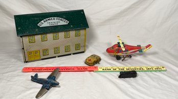 Marx Metal Building T7-34 And Metal Toys Tootsie Train Hubley Plane Ambulance And Helicopter