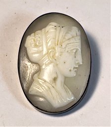 Antique Carved Cameo Brooch In Silver Small Size