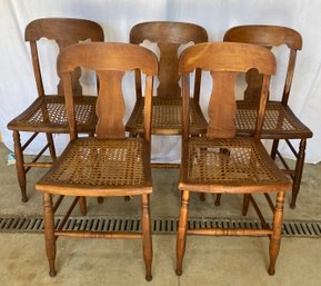 Five Vintage Caned Seat Chairs With Extra Caning