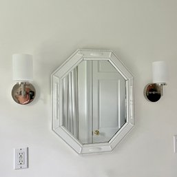 A Pair Of Contemporary Polished Nickel Sconces - White Opaque Glass Shades - Bath 2A