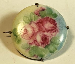 Victorian Hand Painted Porcelain Brooch Roses In Gilt Brass