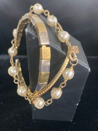 3 Bracelets Golden And One With Faux Pearls