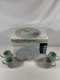 Lot 1 - Lenox French Perle Groove Ice Blue Dining Dish Set With 4 Mug Cups