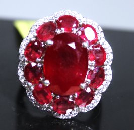 Fine Sterling Silver Dinner Ring Having Ruby And White Gemstones Size 7