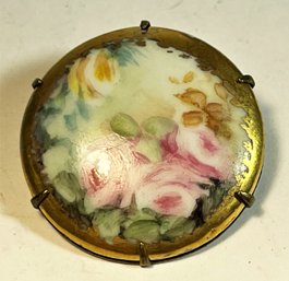 Another Fine Victorian Hand Painted Roses Porcelain Brooch In Gilt Brass