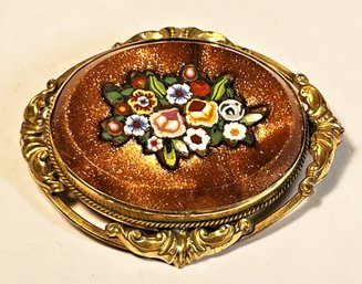 Large Victorian Goldstone Micro Mosaic Gold Filled Brooch `