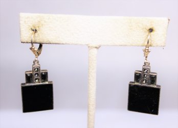 Art Deco Revival Sterling Silver Black Onyx Pierced Earrings