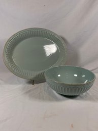 Lenox French Perle Groove Ice Blue Oval Platter And Serving Bowl