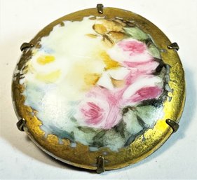 Hand Painted Porcelain Round Brooch Pin With Roses