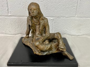 Deep In Thought Sculpture Of A Woman With  A Wooden Base - Artist Signed GB 70