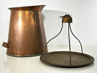 A Large Antique Copper Pitcher And Brass Scale Tray