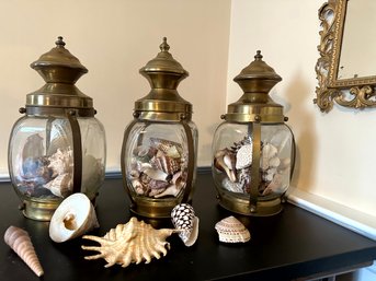 Set Of Three Brass Screw Top Lantern Jars With Sea Shells