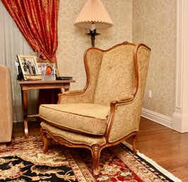 Vintage Panel Wingback Cabriole Arm Chair With Fine Wood Trim In A Cranberry And Taupe Acanthus Upholstery