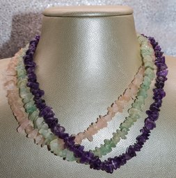 Vintage Sterling 3 Strand Semi Precious Stones, Rose Quartz, Amethyst, And Aventurine