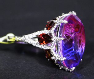 Very Large Amethyst And Garnet Dinner Cocktail Ring Sterling Silver Size 6 Never Worn