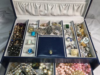 Grandmas Jewelry Box - Nice Blue Leather Finish - PACKED With ALL TYPES OF JEWELRY - The Good And The Bad !