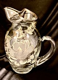 Antique Crystal Clear And Frosted Floral Pitcher W/ Silver Detail