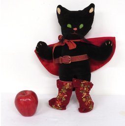 A Fancy Black Velvet Puss N' Boots Doll Complete With Red Cape And Embroidered Red Boots
