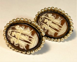 Fine Pair Of Gold Over Silver Three Graces Carved Shell Cameo Earrings Having Pearls