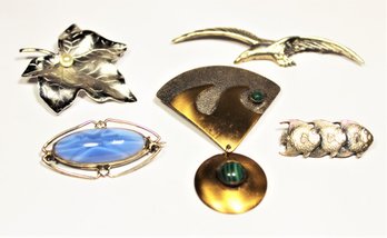 Lot Five Sterling Silver Brooches And Pins Mixed Metals, Angel Fish, Art Glass Etc.