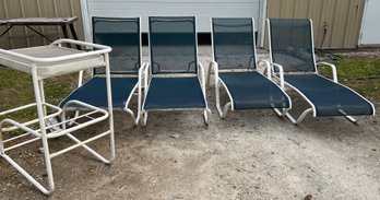 Four Metal Lounge Chairs And Patio Tea Cart
