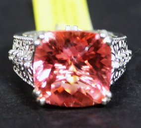 Fine Sterling Sivler Cocktail Ring Large Peach Colored Gemstone Ladies Ring Never Worn Size 7
