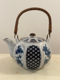 Vintage Otagiri Handpainted Ceramic Japanese Teapot With Rattan Handle