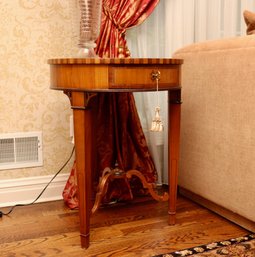 Round Accent Table With Stunning Star Sunbrust Marquetry And Tapered Legs