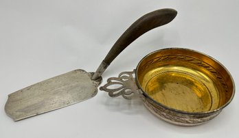 Vintage Lunt Sterling Silver Porridge Bowl With Gold Wash & Sterling Cake Server With Wood Handle