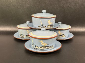 A Set Of Four Pottery Soup Crocks With Lids & Saucers, Seagull Motif