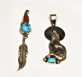 Two Southwestern Sterling Silver Turquoise And Coral Pendants Wolf And Leaf