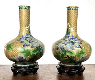 A Pair Of Vintage Cloisonne Vases On Rose Wood Bases