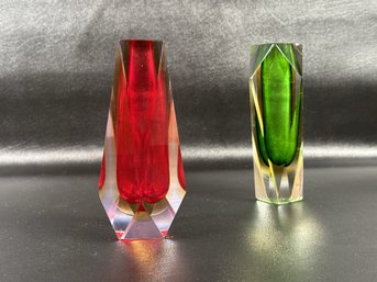 A Fabulous Pair Of Vintage Mid-Century Murano Glass Sommerso Vases In Red & Green