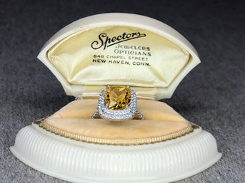 Gorgeous Sterling Silver / 925 Cocktail Ring With Large Yellow Topaz Encircled With Sparkling White Topaz