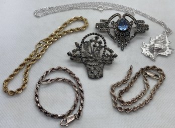 Fine Vintage Sterling Silver Jewelry Lot- Brooches, Conch Pendant Necklace And Bracelets