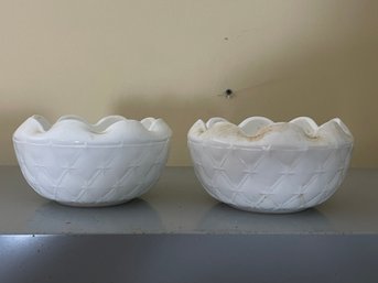 Vintage Indiana Glass Co. Ruffled Edged Milk Glass Quilted Diamond Pattern Bowls